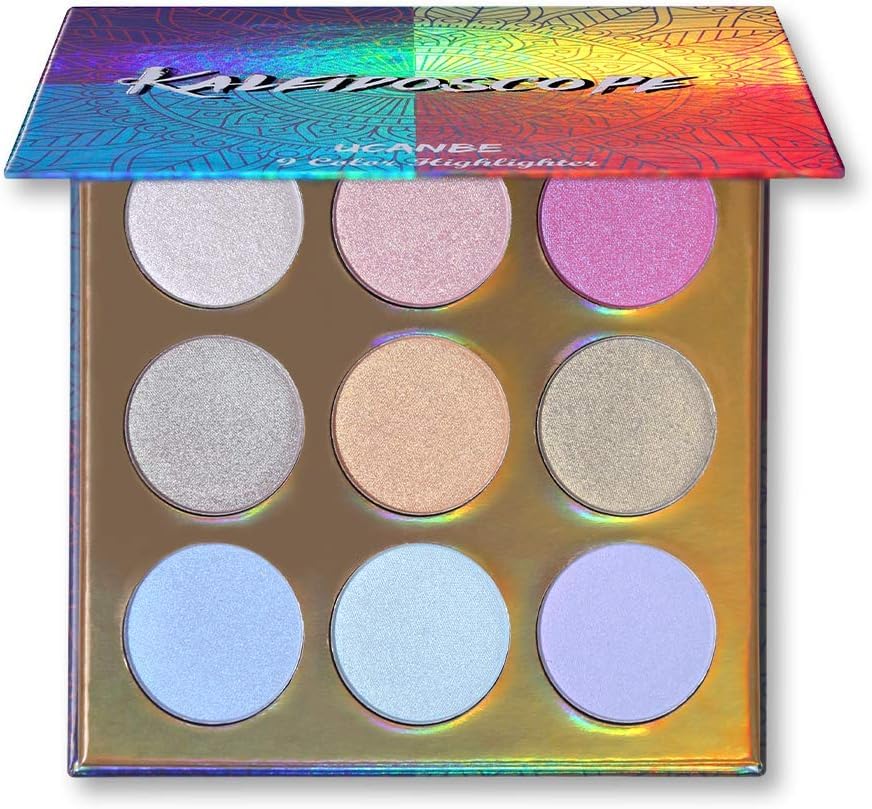 COSLUXE UCAN BE KALEiDOSCOPE Highlighter Powder Makeup Palette, High Pigment Holographic Duo-chrome Shimmer Highlighting Bronzer Glow Easy to Apply Pallets Set