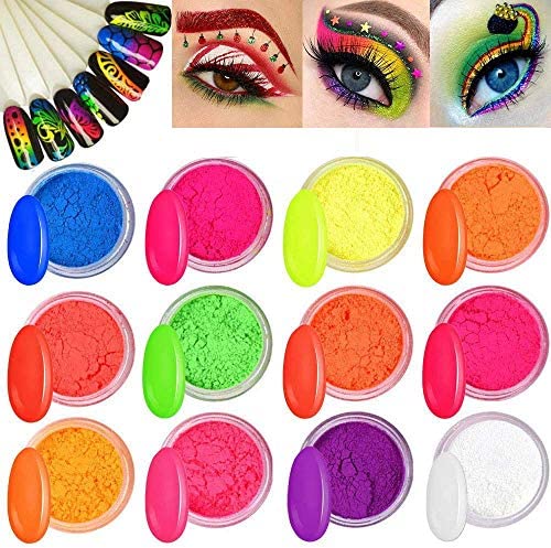 COSLUXE Neon Pigment Eyeshadow Powder & Nail Powder, Nail Pigments Dust Nail Glitter, Neon Pigment Eyeshadow Powder for Face Body Makeup,Nail Art Decoration (Fluorescence Powder, 12 - Pcs)