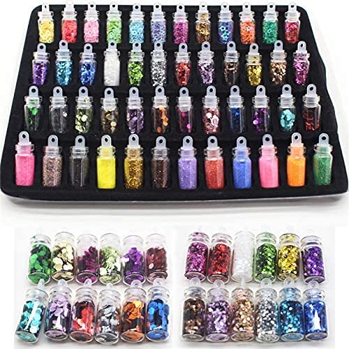COSLUXE 3D Glitter Set of Nail Decoration,Nail Art Tool for Nail Decoration Multicolour - Set of 48 Bottles