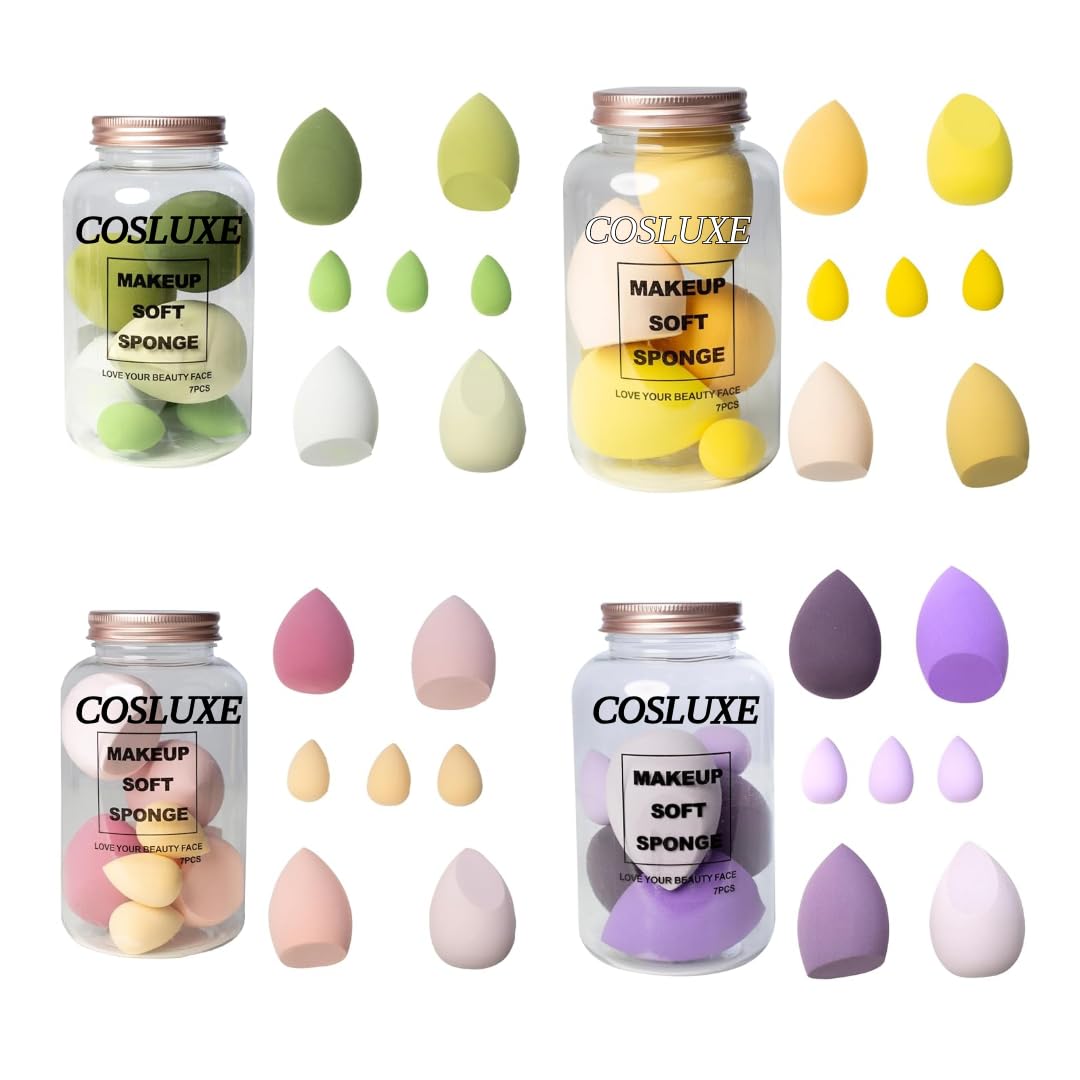 COSLUXE Makeup Sponge Set Beauty Blenders with Egg Case, Soft Sponge For Liquid Foundation, Creams, and Powders Latex Free Wet and Dry Makeup Multicolors, 4 Big + 3 Mini -7 Pcs set