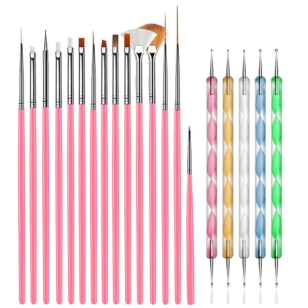 MY COLOR 20 pcs Nail Art Brushes, Nail Art Design Painting and Drawing UV Polish Brush Tool Kit, 15 pcs Nail Art Brushes Kit with 5 pcs Nail Dotting Pens, Multicolored