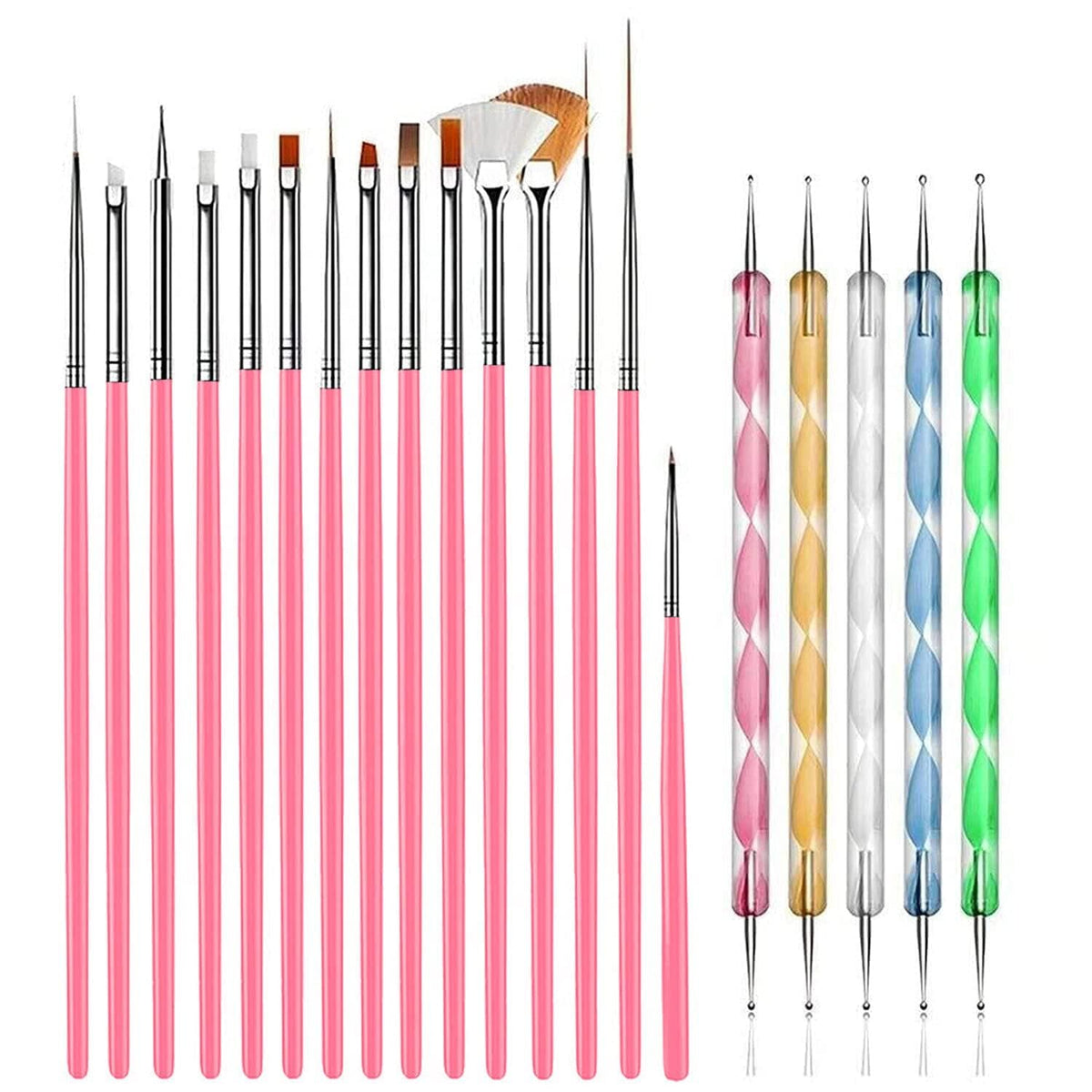 MY COLOR 20 pcs Nail Art Brushes, Nail Art Design Painting and Drawing UV Polish Brush Tool Kit, 15 pcs Nail Art Brushes Kit with 5 pcs Nail Dotting Pens, Multicolored