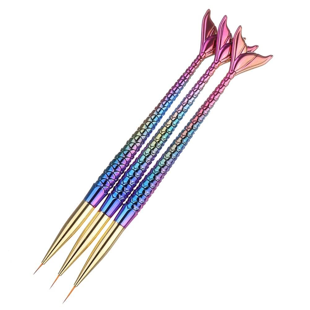 MY COLORS 3Pcs/Set Nail Art Detail Brush Set Fine Line Painting Pens With Mermaid Color Fish Shape Handle 3 Size Nail Art Liner And Striping Brushes Kit