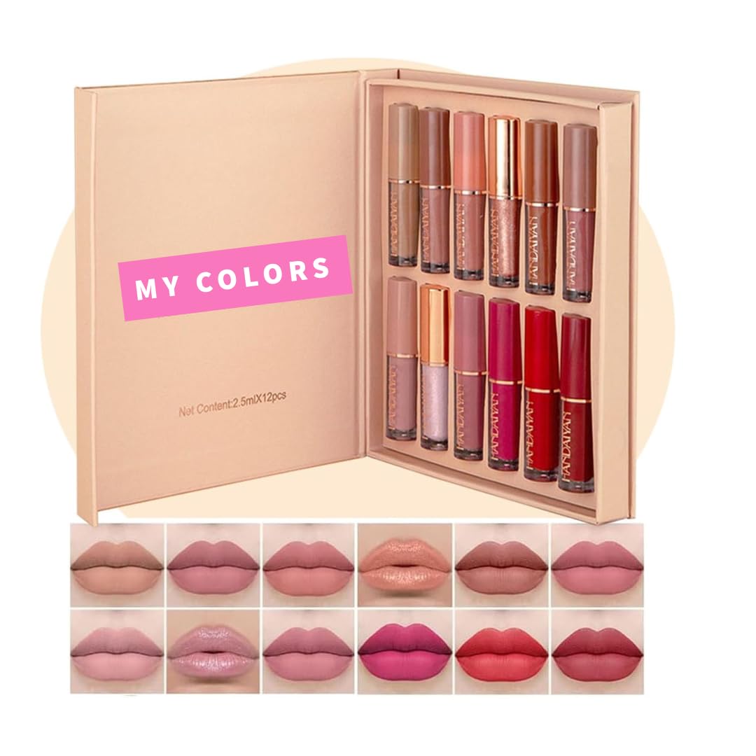 My Colors Matte Liquid Lipstick Set,12 Colors Super Stay Liquid Velvet Lipstick, Waterproof Long Lasting Lip Gloss Set, for Women Girl