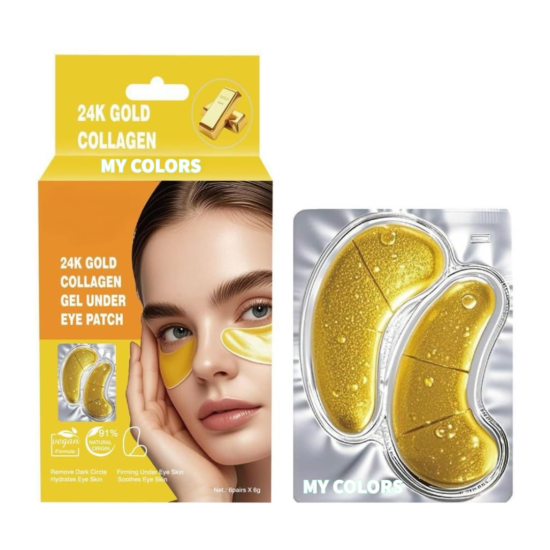 My Colors 24K Gold Eye Mask, 6 Pairs Under Eye Patches Skin Treatment Mask, Crystal Collagen Under Eye Mask for Reducing Dark Circles, Moisturizing, Puffiness and Eye Bags, Anti-Wrinkle, Hydrating