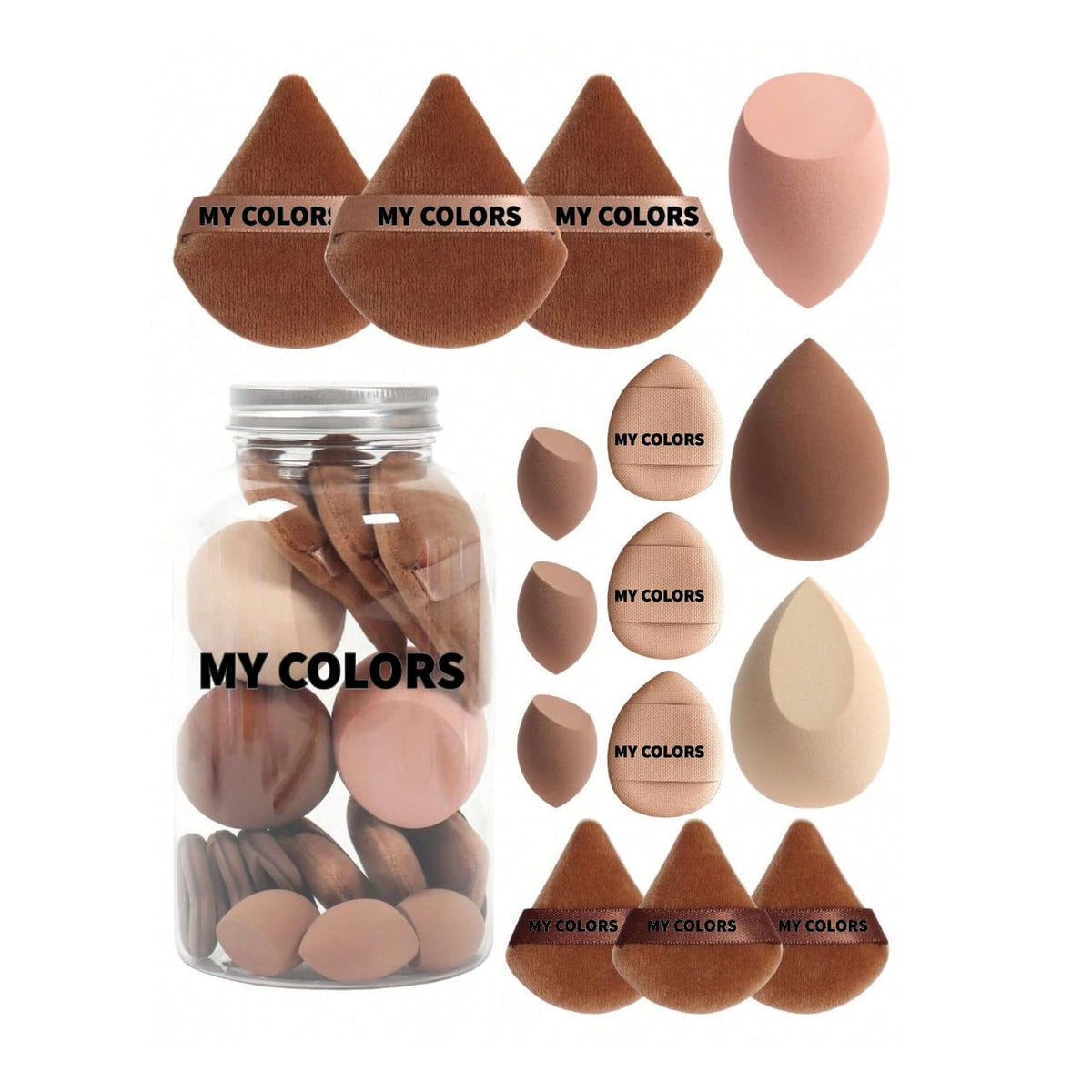 My Colors Multi-Size Beauty Sponge Set, 15 Pieces Makeup Blender Set, Sponges for Foundation, Powder, Cream, Wet and Dry Use with Storage Jar - Multicoloured
