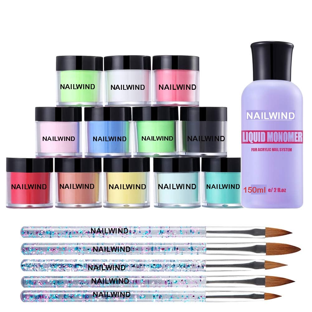 NAILWIND Acrylic Nail Extension Kit - 12 Color Acrylic Powder, 5 Brushes, 150ml Monomer